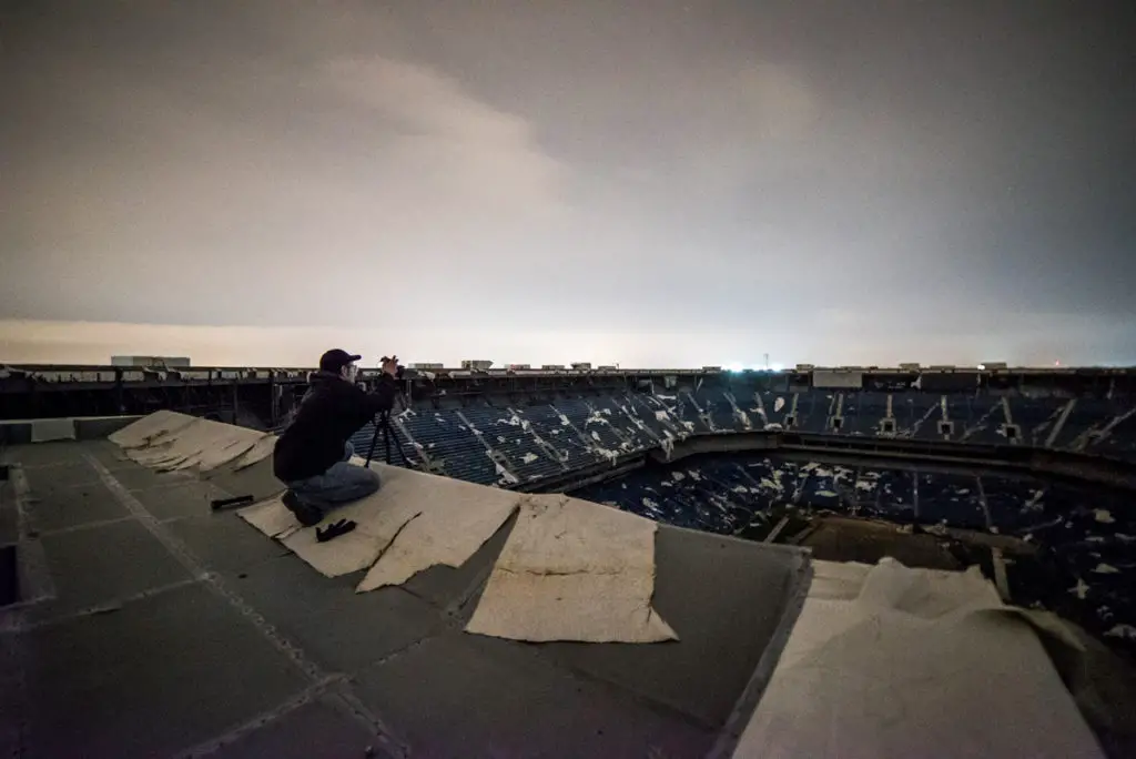 abandoned silverdome stadium in pontiac michigan on top of jumbotron