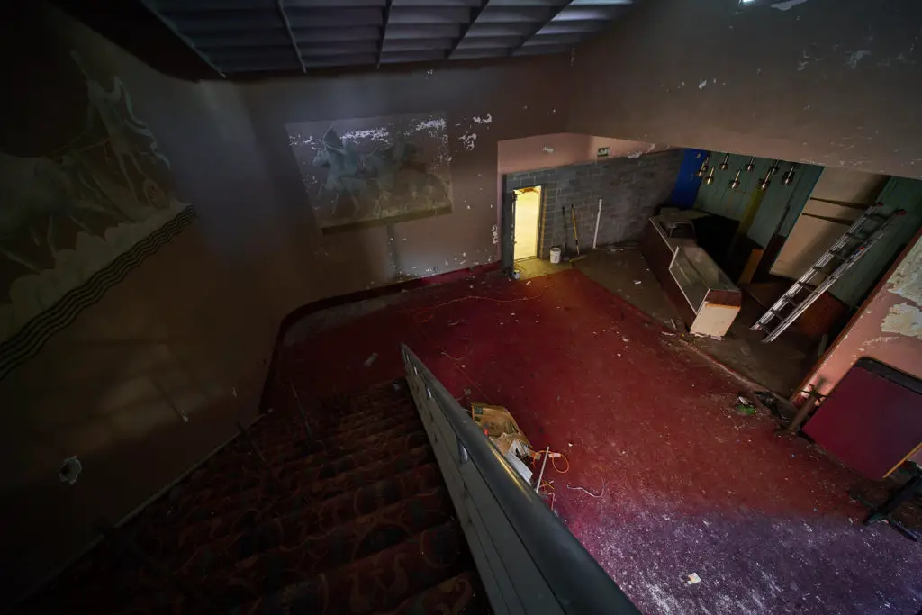 looking down stairs at concession stand