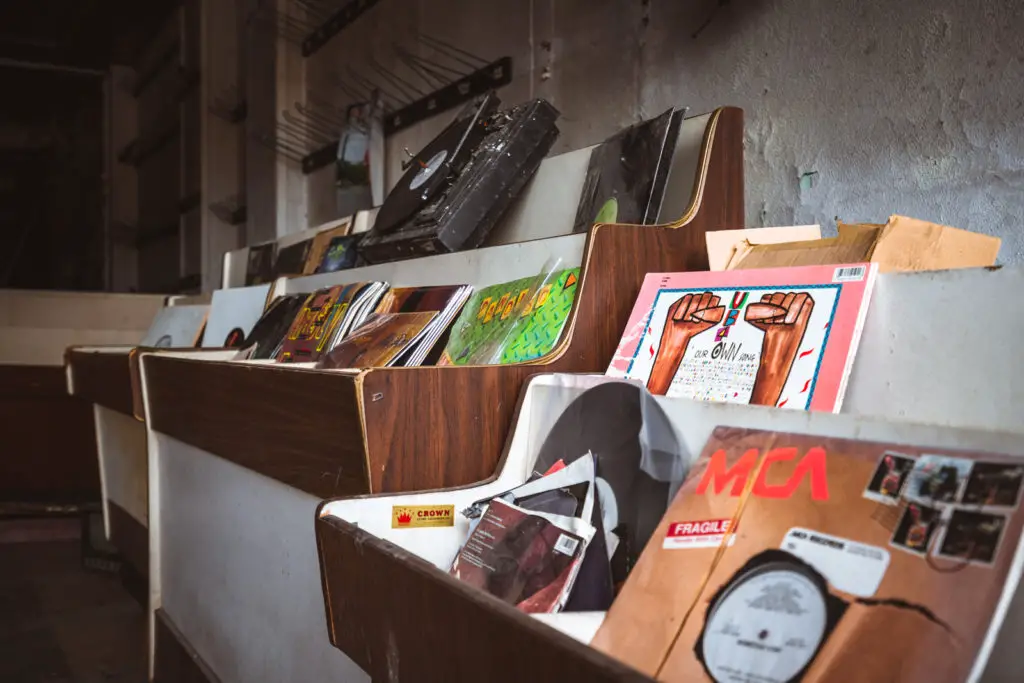 abandoned record store bins