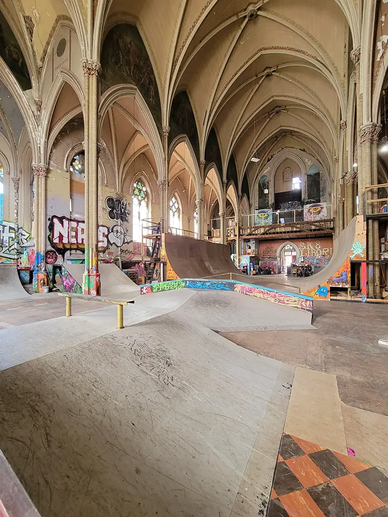 skate ramps in a formerly abandoned church
