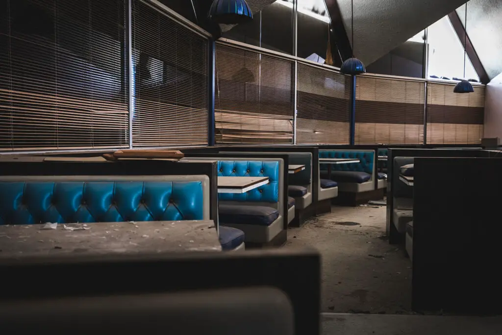 Fort Courage abandoned Taco Bell in Arizona vintage diner seating