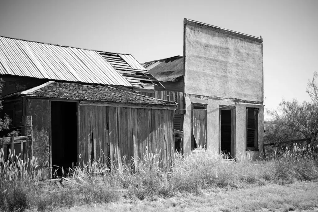 abandoned shops in the ghost town of Verhalen Texas